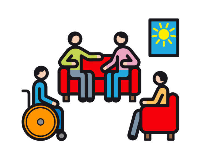 Metacom-Symbol, das den Barrierefreien Treffpunkt symbolisiert mit einer Gruppe von vier Menschen, von denen einer im Rollstuhl sitzt.